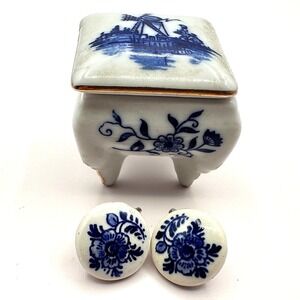 Vintage Blue White Porcelain Trinket Box w/ Matching Earrings Delft Windmill Set